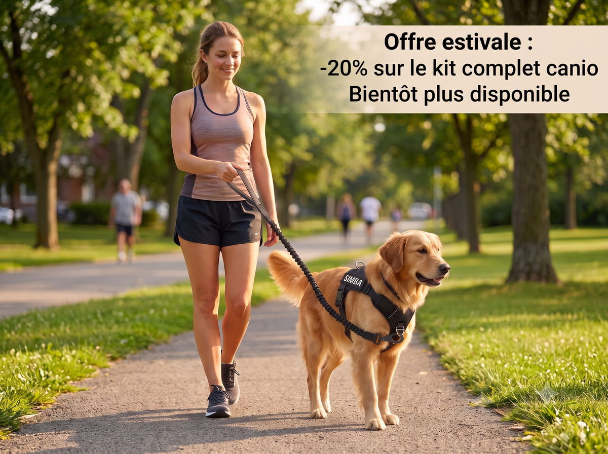 Chien en promenade calme avec le harnais Canio